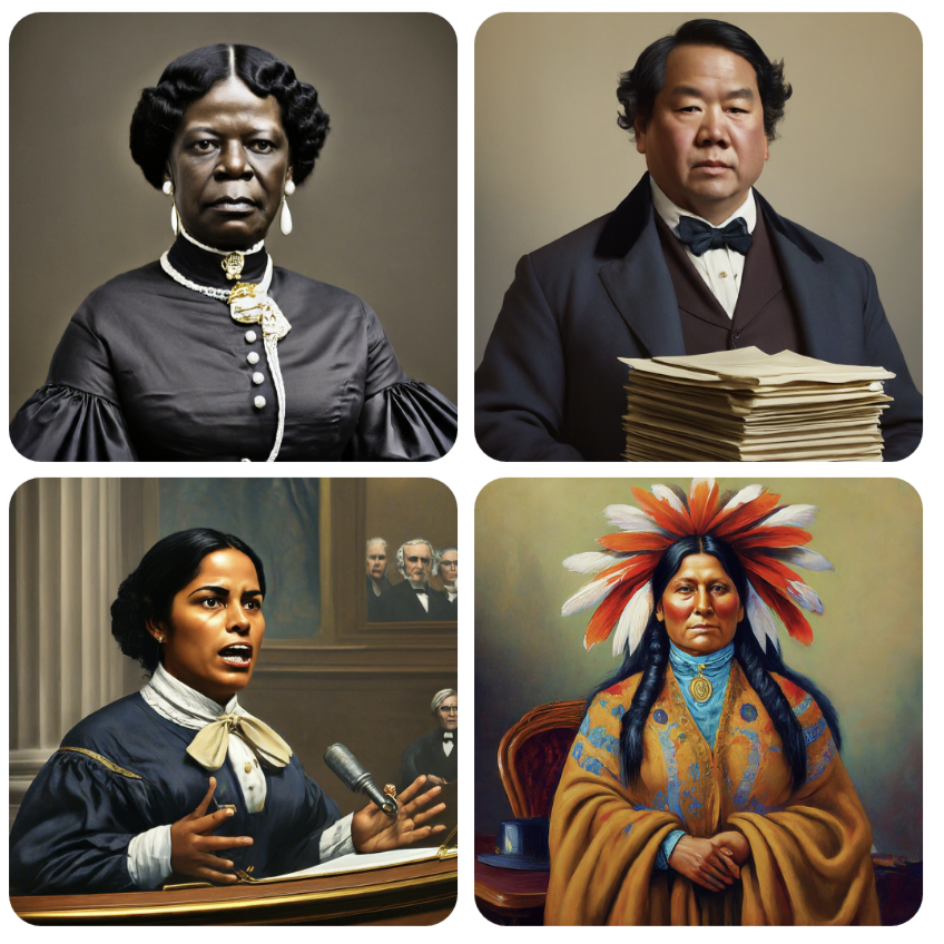 Vier KI-generierte Porträts in historisch anmutender Kleidung, die Personen in einer fiktiven Rolle als US-Senatorinnen oder -Senatoren des 18. Jahrhunderts darstellen. Die dargestellten Personen repräsentieren unterschiedliche ethnische Hintergründe und Geschlechter. Jede Person ist in einem eigenen Bildausschnitt zu sehen, mit formellem Ausdruck und traditioneller Kleidung, die an das 18. oder 19. Jahrhundert erinnert.